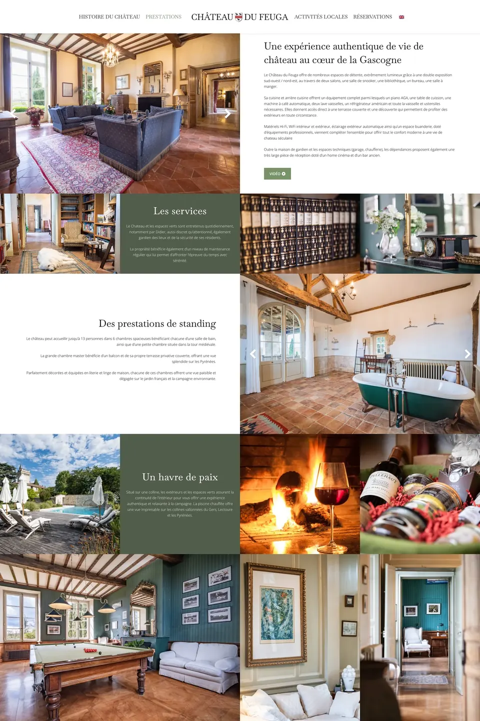 Page Prestations du site Château du Feuga