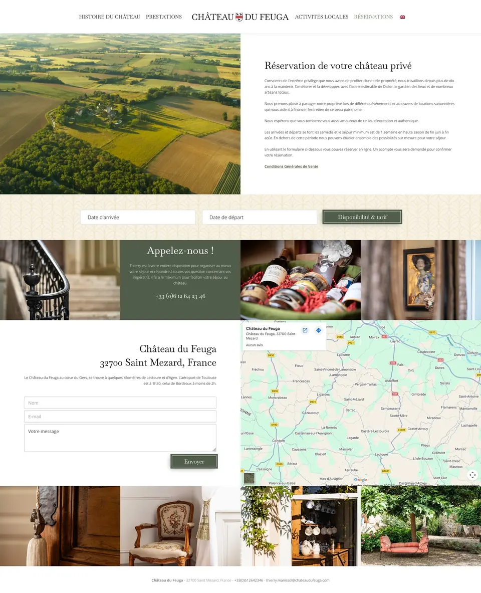 Page Réservations du site Château du Feuga