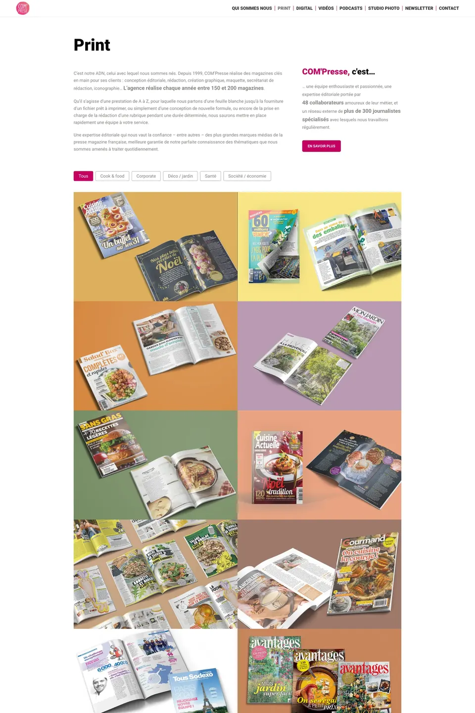 Page consacrée aux réalisations print de Com’Presse