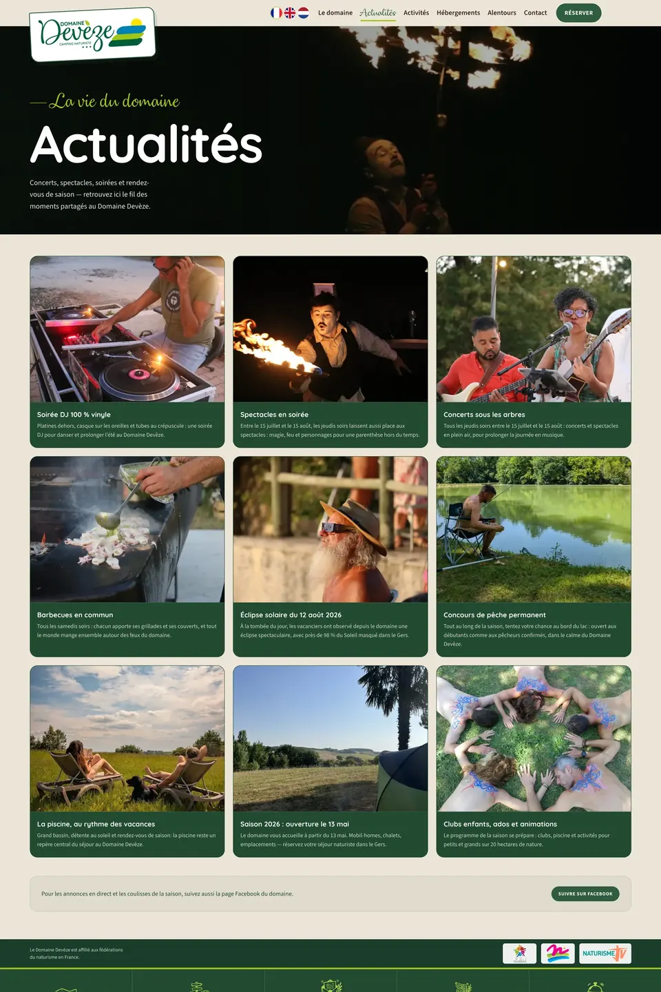 Page Actualités du site Domaine Devèze