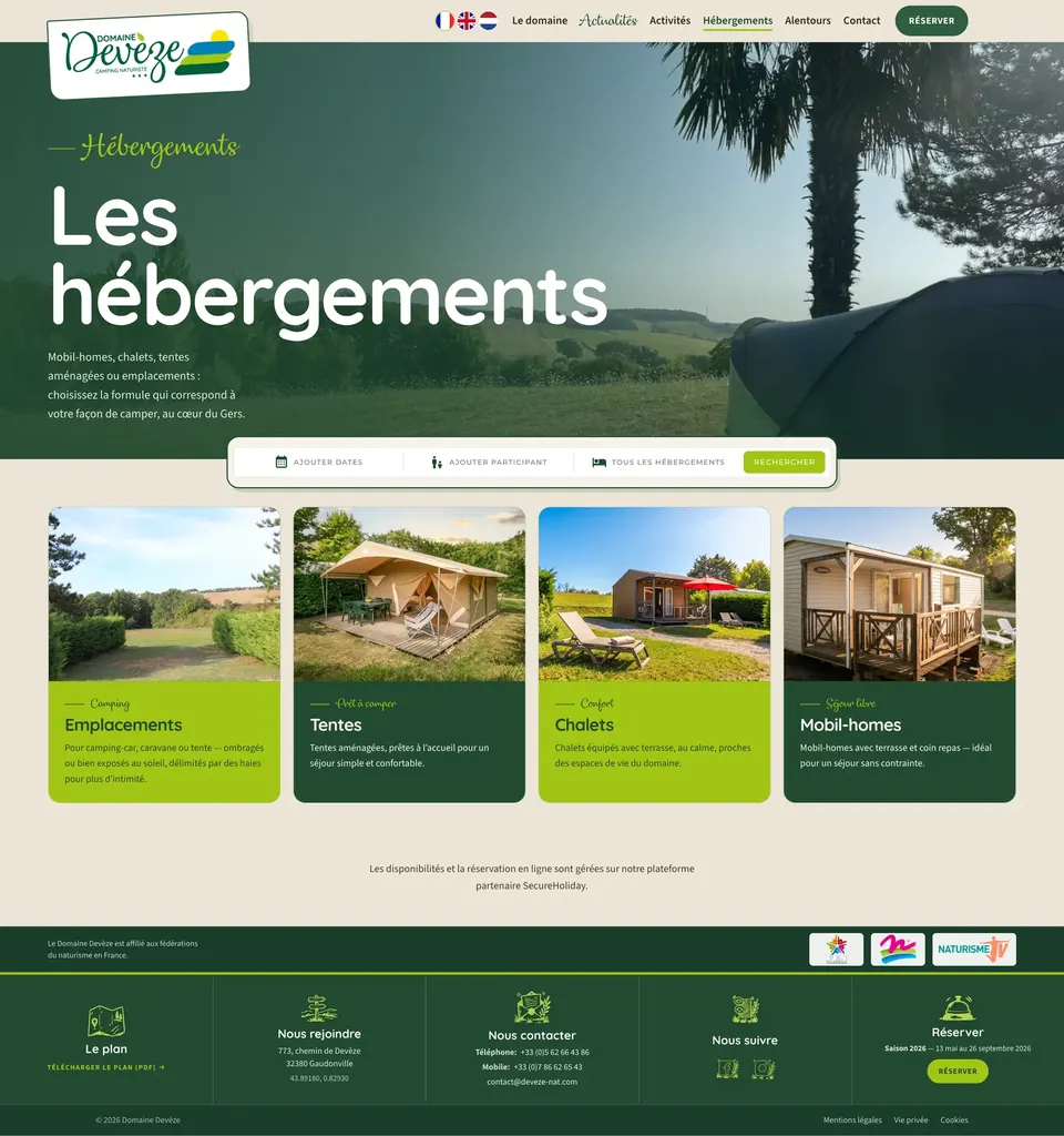 Page Hébergements du site Domaine Devèze