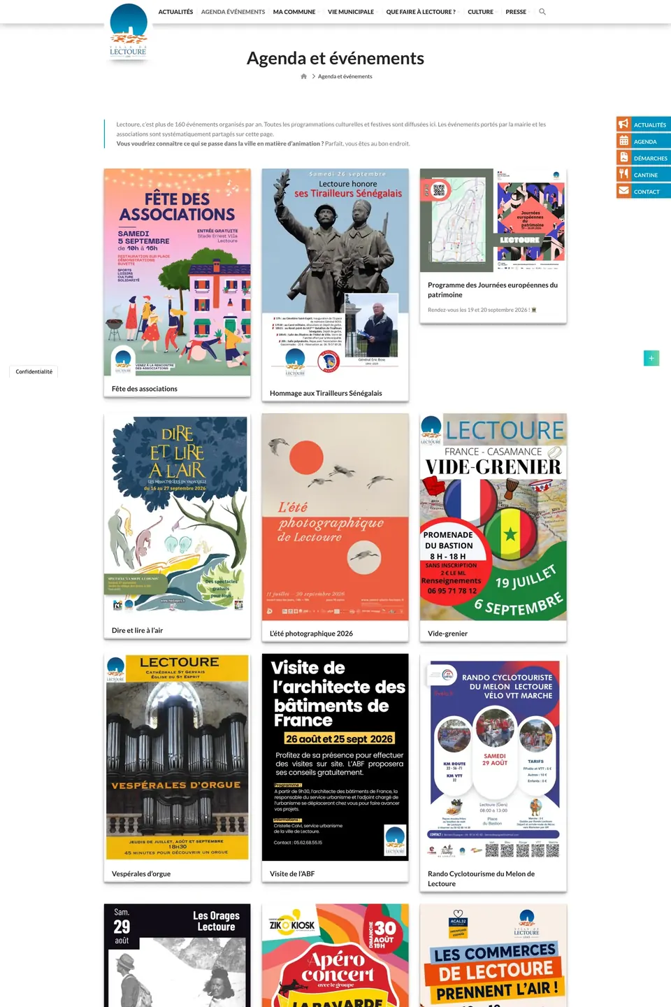 Page Agenda et événements de la ville de Lectoure
