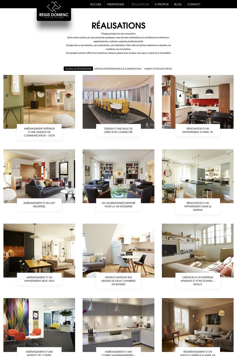 Page Réalisations du site Régis Domenc