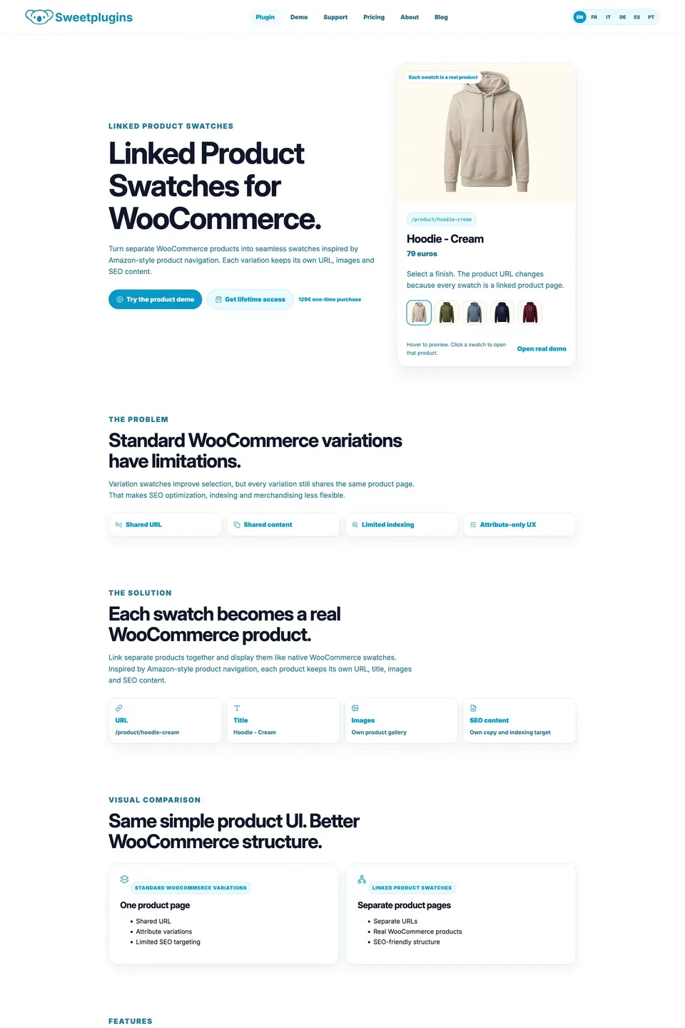Page du plugin Linked Product Swatches pour WooCommerce